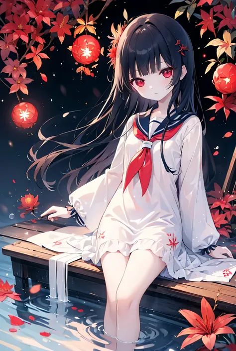 (Masterpiece)、Best Quality、Highest quality、High resolution、Very detailed、Glowing Skin、Bright highlights on eyes、Blushing、Sailor suit、Red Eyes、Cute eyes、(whole body;１.2)、torii、Red spider lily、A colorful, kaleidoscope-like appearance、Generate images using th...