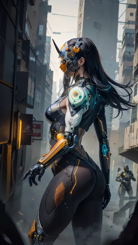 1girl, a beautiful girl cyborg cyberpunk with a cyberpunk city tall buildings, white hair, cybermask, white and orange and black machine suit color combination, the body full of machine, realistic futuristic hologram, asian skin tone, beautiful eye, beauti...