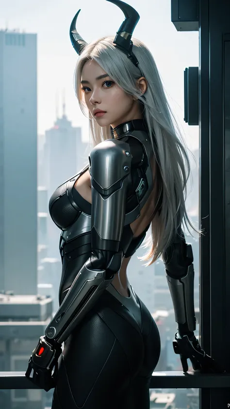 1girl, a beautiful girl cyborg cyberpunk with a cyberpunk city tall buildings, white hair, cybermask, white and orange and black machine suit color combination, the body full of machine, realistic futuristic hologram, asian skin tone, beautiful eye, beauti...