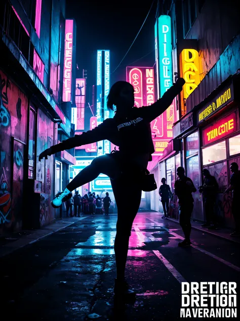 DemiHawks, Urban sprawl, woman, urban dance clothing, dramatic lighting, high contrast, silhouette, poster-worthy, street fashion, graffiti, neon lights, shadows, dystopian, cyberpunk, futuristic, sci-fi, Tron, Bladerunner, Elysium, Westworld, neon noir, d...