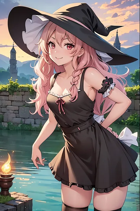 (work of art, official art), 1 , Standing alone, thick, curved, curved, pink hair, bright red eyes, messy hair, wavy hair, side braid, witch, witch hat, (Marisa Kirisame:1.2), (maid dress), (close up), portrait, (small breasts), Standing, Front view, hinte...