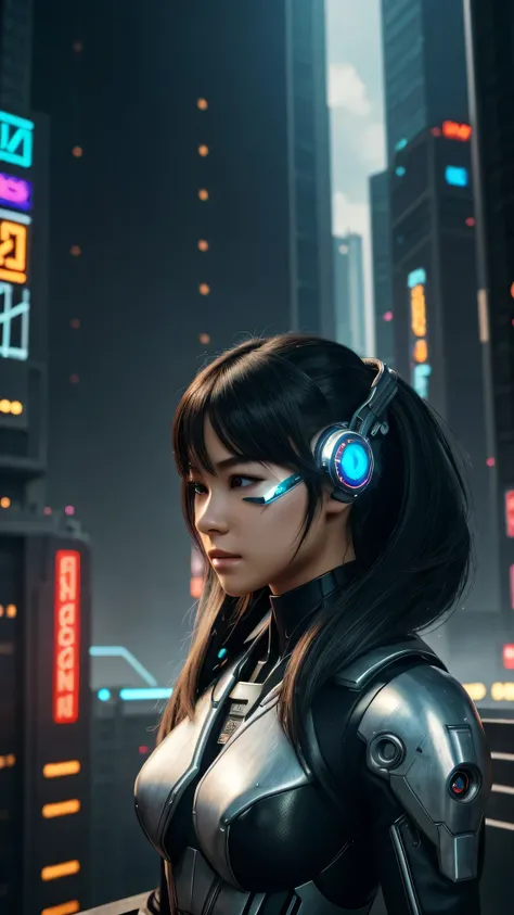 1girl, a beautiful girl cyborg cyberpunk with a cyberpunk city tall buildings, white hair, cybermask, white and orange and black machine suit color combination, the body full of machine, realistic futuristic hologram, asian skin tone, beautiful eye, beauti...