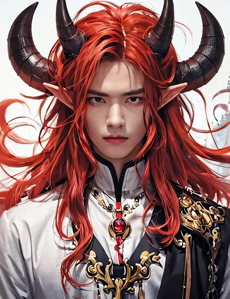 Red Hair，Horns，Elf ears，Chinese men，Wearing high collared clothing