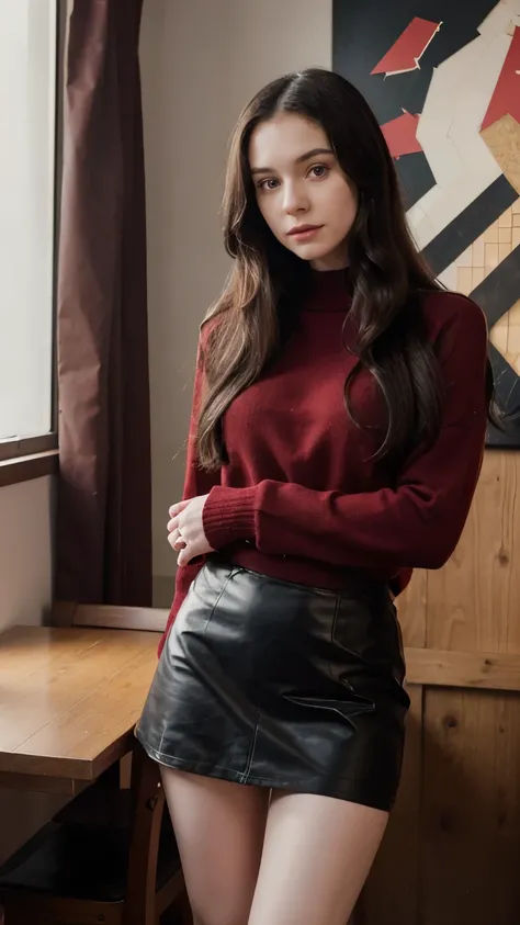 a beautiful girl, Young, 1, pale skin, pretty, black long hair, wearing a red sweater and a short leather skirt, in a Swiss chalet, 8k, Real person, full body, warm light, photo real