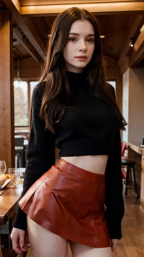 a beautiful girl, Young, 1, pale skin, pretty, black long hair, wearing a red sweater and a short leather skirt, in a Swiss chalet, 8k, Real person, full body, warm light, photo real