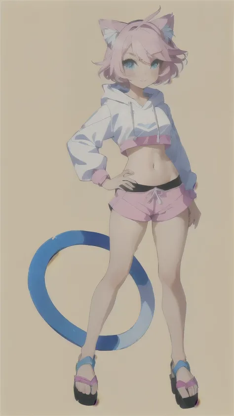 A cat girl with short pink hair and bright blue eyes based on the style of the Pokémon Mew. She has a long tail of the same shade as her hair with an oval tip.. She has small but prominent breasts., marked abdomen, small waist, narrow hip, round butt and t...