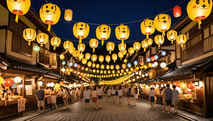 old Japanese-style night street market with colorful lanterns, with townhouses serving drinks and barbecue on asphalt street, in the middle of the square with a giant yellow, cute, smiling mascot lantern, iconic images of Ghibli animation, UHD, super highl...