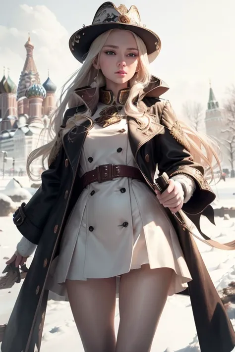 The most beautiful woman, beautiful young russian face, white skin, blonde long hair, wears a formal dress and trench coat, is in Moscow, winter, snow, ultra realistic, 4k, Ultra detailed image, realistic, Highly detailed, perfect composition, splendid , I...