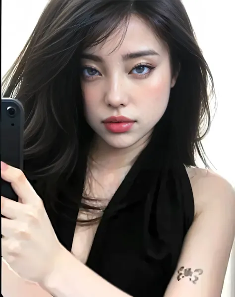 Baddie brunette with siren eyes and slanted eyes and Asian eyes and extremely large, thick, puffy and prominent lips perfect eyebrows and face, 8k 4k quality  