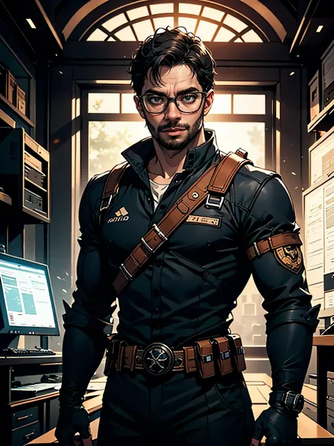 a 30-year-old man named PivaArts, stubble, dark hair, light brown eyes, minimalist-style clothing influenced by the Resident Evil series, subtle tactical look, dark tones, fitted jacket, utility belt, thin glasses, intellectual yet rugged appearance, nucle...