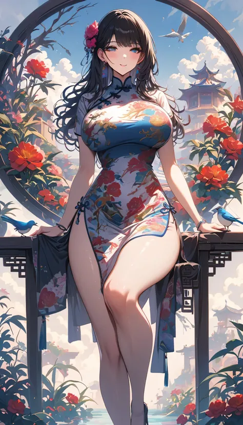 Squint，Wearing Chinese cheongsam,High-end fashion,Magazine Model,Fine details, Big colorful tattoo，Long spiral curls，Hair is soaked，Close Encounter，Beautiful scenery，Birdsong and Flowers，Side close-up，Huge Breasts，Aesthetic，Smile，Long legs，Leg decoration，H...