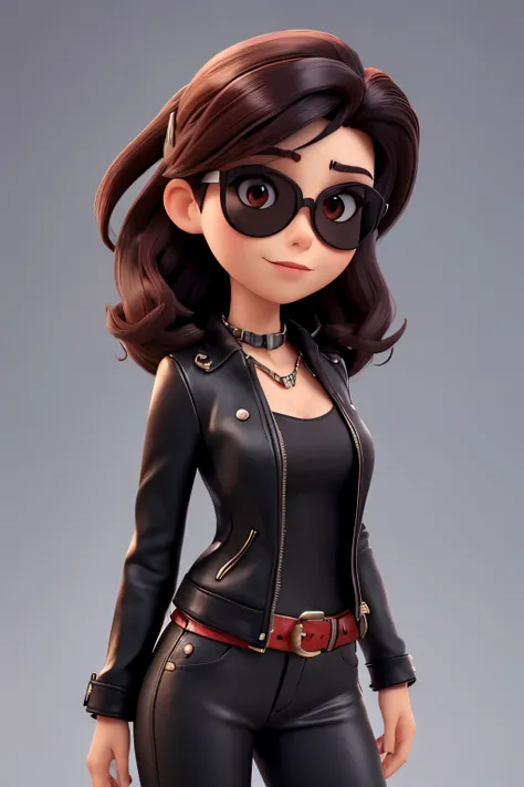 A gorgeous woman with a bold look and rocker style, her head raised high, exuding confidence. She has dark hair and wears round sunglasses. Her lips are painted in a vibrant red. She is dressed in a black leather jacket with metallic details and wears a th...