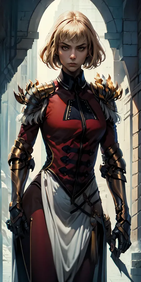 solo, 1girl, cha hae-in, expressionless, looking at viewer, armor, black collar, shoulder armor, long sleeves, gloves, gauntlets, pelvic curtain 