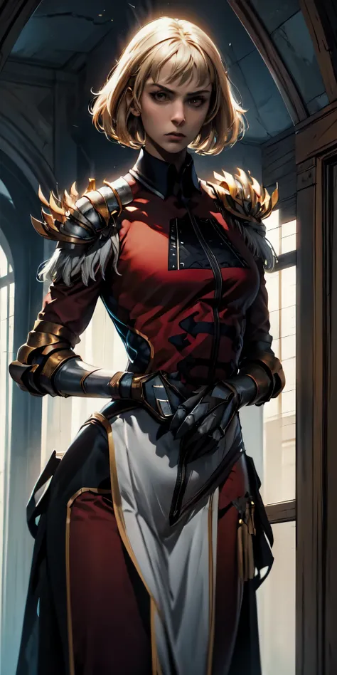solo, 1girl, cha hae-in, expressionless, looking at viewer, armor, black collar, shoulder armor, long sleeves, gloves, gauntlets, pelvic curtain 