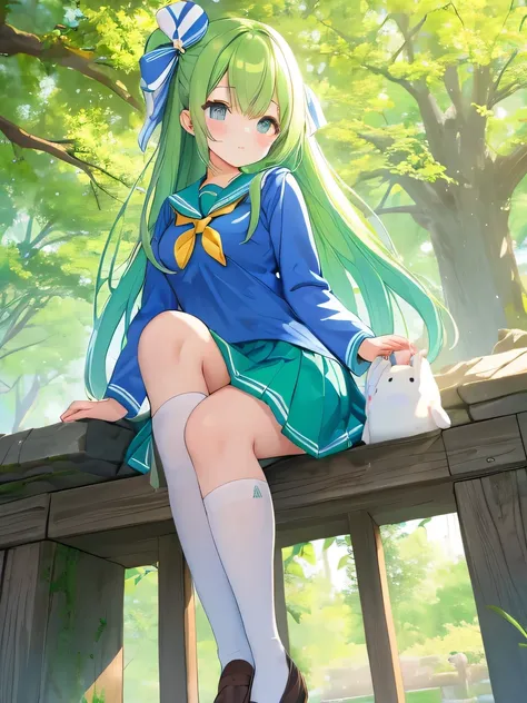 A beautiful girl with long green hair wearing a blue sailor uniform waiting under the legendary tree