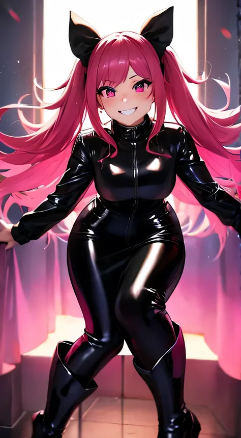 Young woman wearing black latex, black boots, shiny latex, pink hair, hair bow, pupils sparkling, grin, anime style, backlighting, UHD, masterpiece, best quality