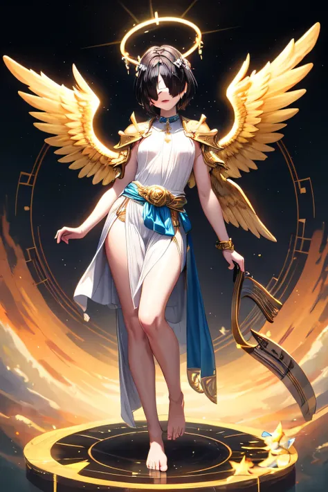 A beautiful androgynous figure. with pale skin, with twelve golden wings on his back, having a halo above his head, with short black hair blacker than obsidian. Wearing an angelic armor, barefoot, and strips of cloth tied around their ankles. He has a lyre...