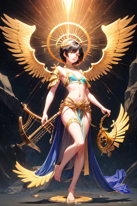 A beautiful androgynous, more feminine figure. with pale skin, with six pairs of golden wings on his back, having a halo above his head, with short black hair blacker than obsidian. wearing armor, barefoot, and strips of cloth tied around their ankles. He ...