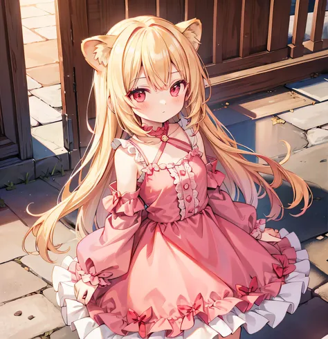 lion girl, pink ruffled dress , young girl, blond hair, red eyes