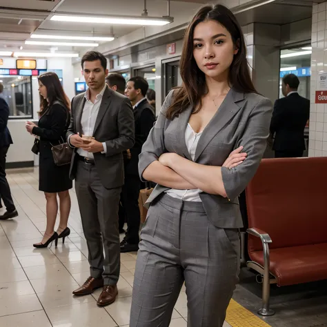 A Beautiful office lady, in the subway, Consistent face and image, Tighted suit pants