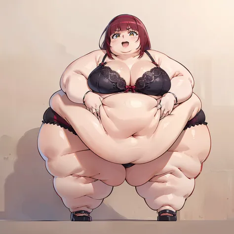 (((baby))),bra and panties, camleto, squeezing thighs, Belly expuesto, ((red hair with fringe)), ((obese chubby))), ((fat face)), (((big belly))), (((open mouth))), fat and wide thighs, Belly, (((tender))), detailed background, ((full body image)), grabbin...