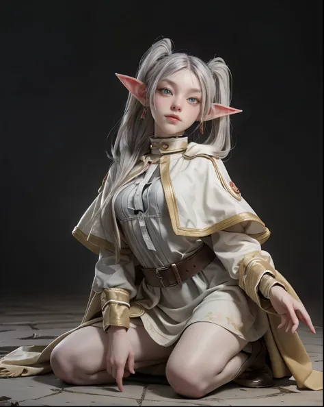 8k, high quality, High resolution, Realistic, Attention to detail, Highly detailed face, ((masterpiece)),
((Freeze Base)), Beautiful girl, (Flat body), Fairy, Pointed Ears, Gray Hair, (Long twin tails), Green Eyes, staff,
white capelet, Striped shirt, Whit...