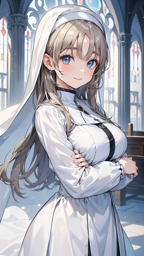 8k resolution,((Best Quality)),Ultra-high resolution,Adult women, Alone, sexy, (A kind smile), (Light blue eyes), A beautiful, symmetrical face, (White neat long hair),Elegant nun clothing,Long skirt,White nun hood,Realistic:1.4,Realistic:1.4,(masterpiece:...