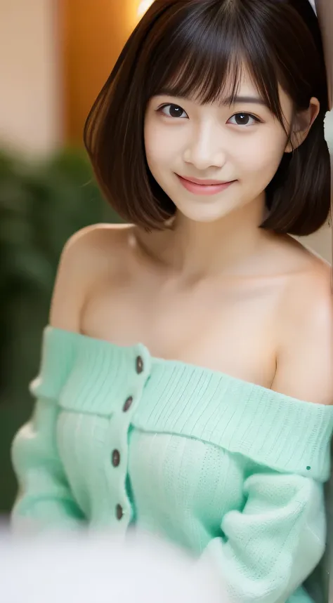 masterpiece,best quality,(Japanese girl),((Beautiful girl)),cleavage,(off shoulder:1.2),(perfect body beauty:1.2),(shy smile),From slightly above