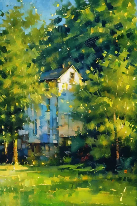 Aesthetic oil painting, groundbreaking, revolutionary, creative, landscape, with houses, Trees, Thu, sun shining, less vivid colors, oil painting, que impressione 