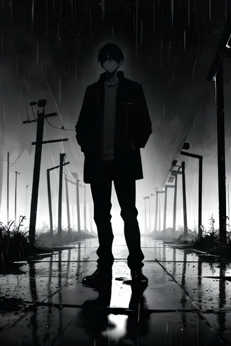 Black simple tone，A man，Hands in pockets，Stand right in the middle，Shadows spread like hair，Silhouette，rain，Black Raindrops，Dark and depressing atmosphere
