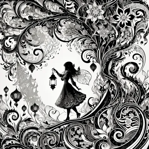 a black and white drawing of a girl holding a lantern, a beautiful artwork illustration, black and white vector art, fairy tale illustration, intricate illustration, intricate ink drawing, girl under lantern, intricate ink illustration, detailed intricate ...