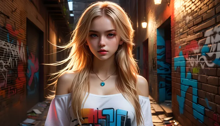 Ultra-realistic 8K CG, masterpiece((Ultra detailed background, Beautiful Pattern, Intricate details)), Best, Intricate detailss, Chromatic Aberration, 1 girl, Long hair, Blonde, Messy hair, Red highlights, Hair covering one eye, Sharp eyes, necklace, Brick...