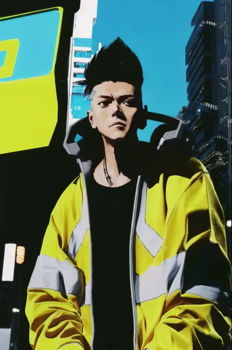 a close up of a person, david martinez, in a yellow jacket standing in a city, modern cyberpunk anime, digital cyberpunk anime!!...