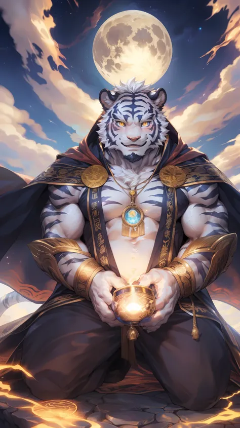 (By Empty Ghost, From thebigslick, By Dark Gem, Will chase), Keyuan Building (Onmyoji Daisenji Temple), High-quality photos, Perfect anatomical structure, Anthropomorphic white tiger, male, 20 years old, (tiger print), Thick eyebrows, Short hair, Strong bo...