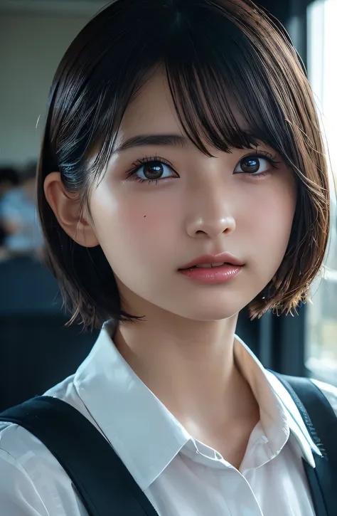 One Girl，(Very cute high school girl:1.3)，masterpiece，Best Quality，High resolution，(((Photorealistic)))，RAW Photos，Ray Tracing，Physically Based Rendering，beautiful girl，(Age 15:1.4)，cute，(detailed pupils:1.2)，(The face is facing straight ahead:1.3)，The bod...