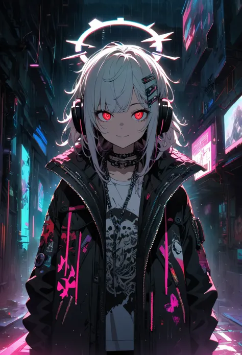 A Very detailed portrait of a solo 1girl standing on a street corner, During a rainstorm with thunder and cloudy skies, neon and cyberpunk background, she is wearing punk clothes with silver chains and silver spikes, She has butterfly-wing hair clips in he...