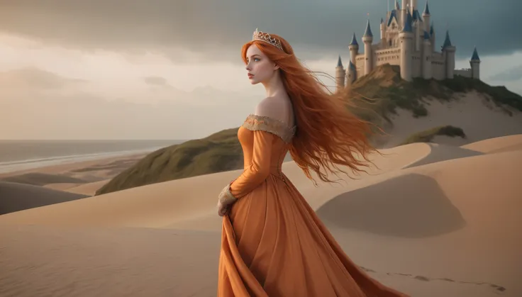 a beautiful regal princess with long flowing orange hair, wearing an elegant orange dress and tiara, standing amidst vast sand dunes with a giant castle in the background, her long gown billowing in the wind, a pensive and melancholic expression on her fac...