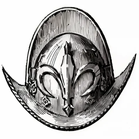 a black and white drawing of a helmet with a fleur, sepals forming helmet, knight helmet, tricorne hat, soldier helmet, wearing ornate helmet, gorget, wearing a round helmet, ornate metallic helmet, detailed helmet, wearing an elaborate helmet, detaild, la...