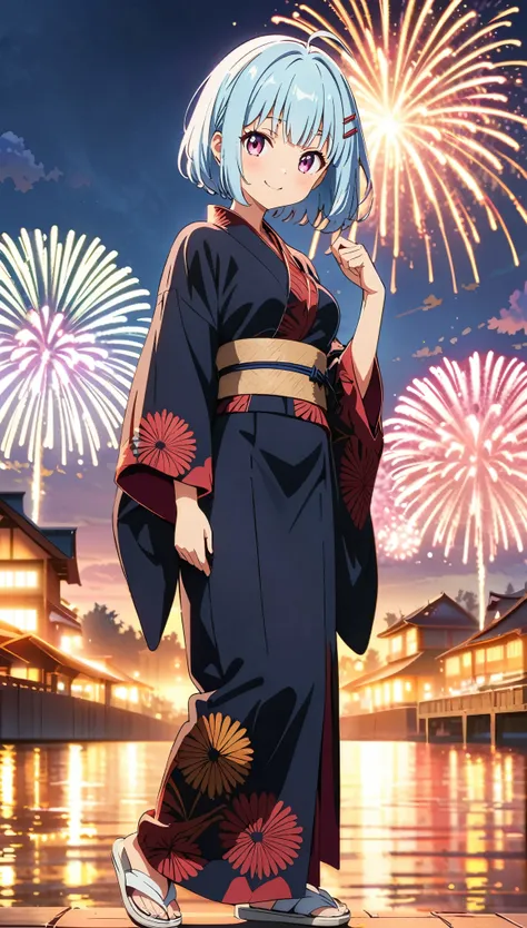 Full body visible, wearing yukata, turning around, reaching out to the viewer (Anime artwork, Anime Style, Studio Anime, Very detailed, Latest, Vibrant, Anime Coloring, High contrast, masterpiece:1.2, Best Quality, Best aesthetics),  Soft Breasts,  Light b...