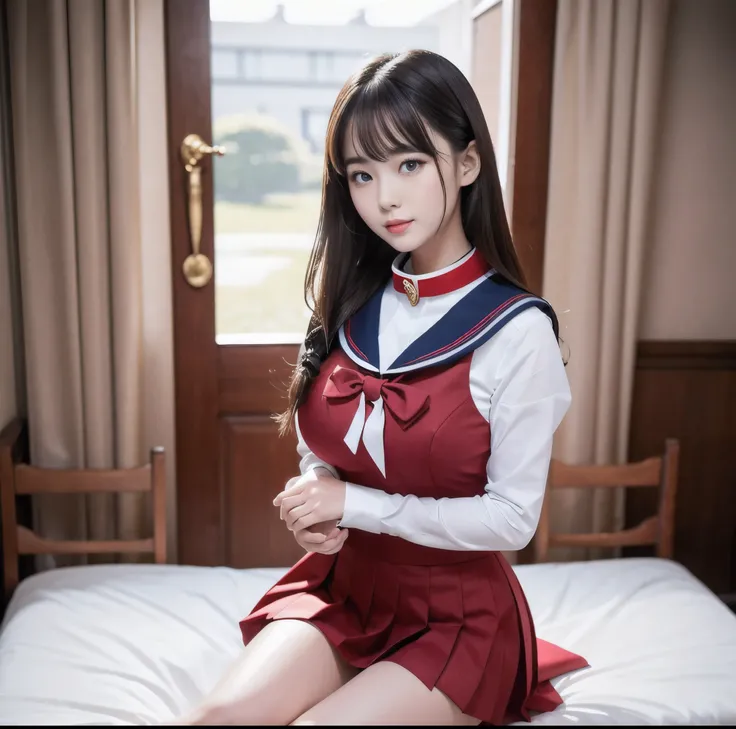 8K quality, Masterpiece, Bright lighting without shadows, Two women with small waists and huge breasts standing side by side, (She wears a traditional uniform with a deep crimson sailor collar without any gaps.:1.2), Her uniform chest is strained due to th...