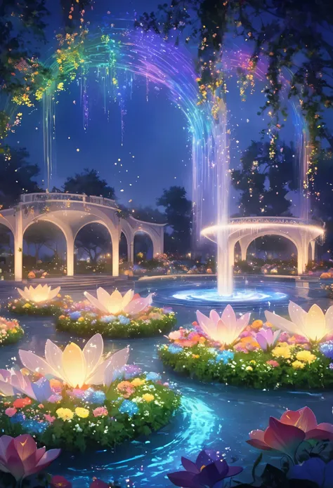 Dream garden digital illustration。Colorful flowers々A beautiful garden filled with blooming flowers。In the center of the garden there is a fountain of light.、The water splashes shine in rainbow colors。There are floating lanterns throughout the garden.、It em...