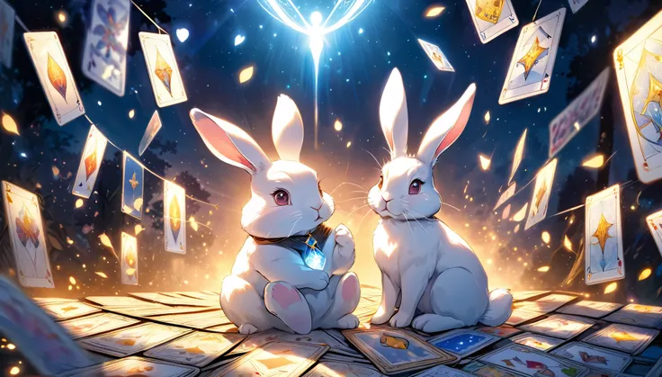 The mystical power of the night grows stronger. The rabbit is seen quietly speaking, while a bright light of hope shines from the tarot cards. The light spreads out fantastically, illuminating a miraculous moment behind the rabbit. The entire scene is bath...