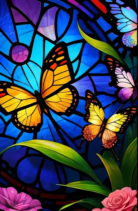 Stunning stained-glass artwork featuring vibrant butterflies fluttering amidst a richly detailed floral garden. The colorful assortment of flowers, set against a dreamy blue background, adds a captivating, natural charm to the piece.