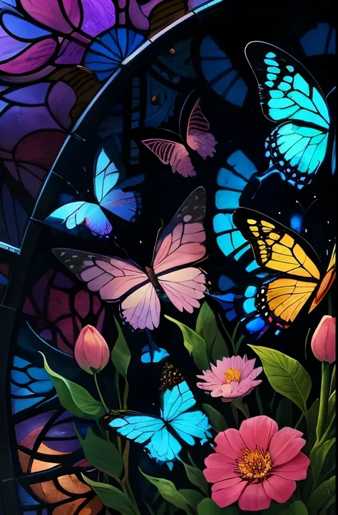 Stunning stained-glass artwork featuring vibrant butterflies fluttering amidst a richly detailed floral garden. The colorful assortment of flowers, set against a dreamy blue background, adds a captivating, natural charm to the piece.