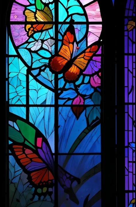 Stunning stained-glass artwork featuring vibrant butterflies fluttering amidst a richly detailed floral garden. The colorful assortment of flowers, set against a dreamy blue background, adds a captivating, natural charm to the piece.