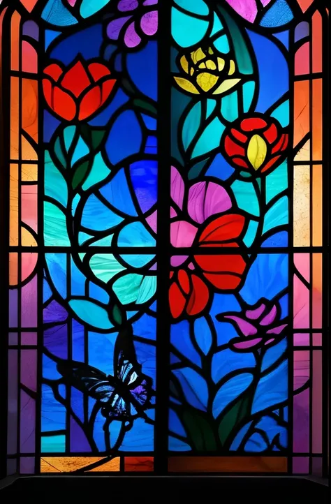 Stunning stained-glass artwork featuring vibrant butterflies fluttering amidst a richly detailed floral garden. The colorful assortment of flowers, set against a dreamy blue background, adds a captivating, natural charm to the piece.