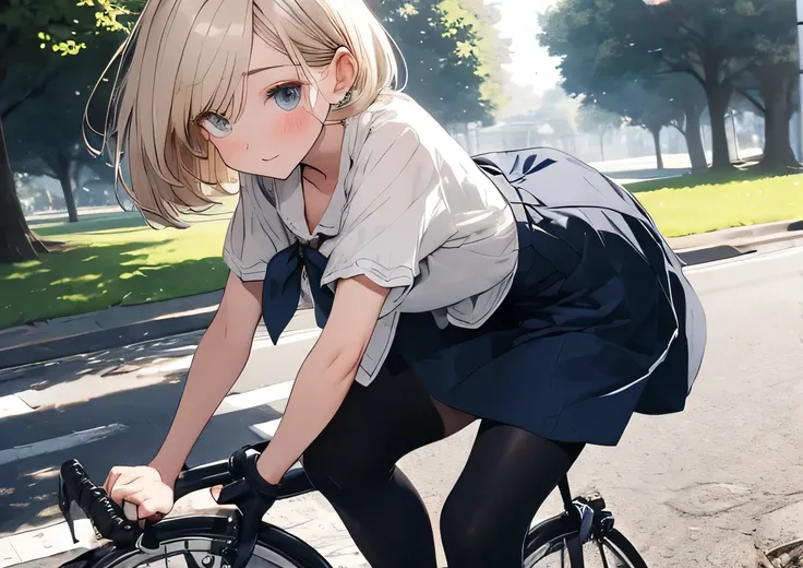 ((Best Quality)), ((masterpiece)), (detailed), Anatomically correct body shape、Correct leg position、Correct hand position、High school girl、Mature face、White blouse、Navy Blue Skirt、Blue Eye、Blonde Bob Cut、Small breasts、Big ass、Get on the bike and pedal away...