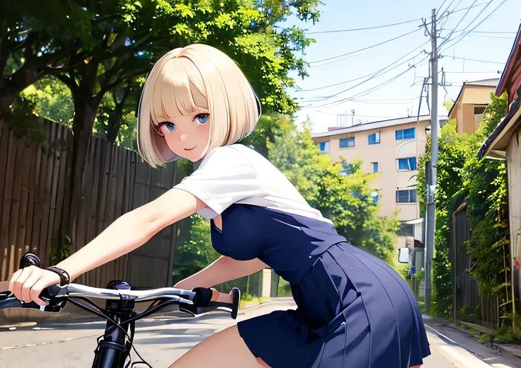 ((Best Quality)), ((masterpiece)), (detailed), Anatomically correct body shape、Correct leg position、Correct hand position、High school girl、Mature face、White blouse、Navy Blue Skirt、Blue Eye、Blonde bob cut、Small breasts、Big Ass、Get on the bike and pedal away...