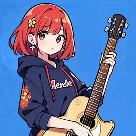 One Girl, Redhead, Medium Hair,cute,Earrings Flower Hair Ornaments, Dear Kurt, 8k resolution, 8K quality, Blue background, Brown eyes,Large hoodie,SD character,whole body,Down to the feet,Acoustic Guitar