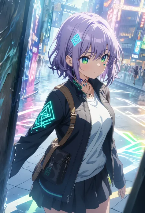 masterpiece, Best Quality, Highly detailed CG Unity 8k wallpaper, One Girl, Anime screenshots, Geometric Neon Tattoos, Written boundary depth, Purple Hair, Green Eyes, Reflective ground with water effect、Shibuya Scramble Crossing、Cowboy Shot